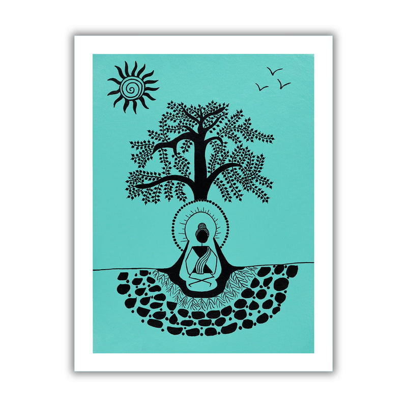 black buddha design on a green background with handmade warli painting