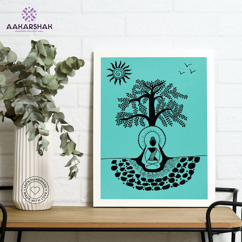Framed artwork with black buddha design on a green background-handmade warli painting for home