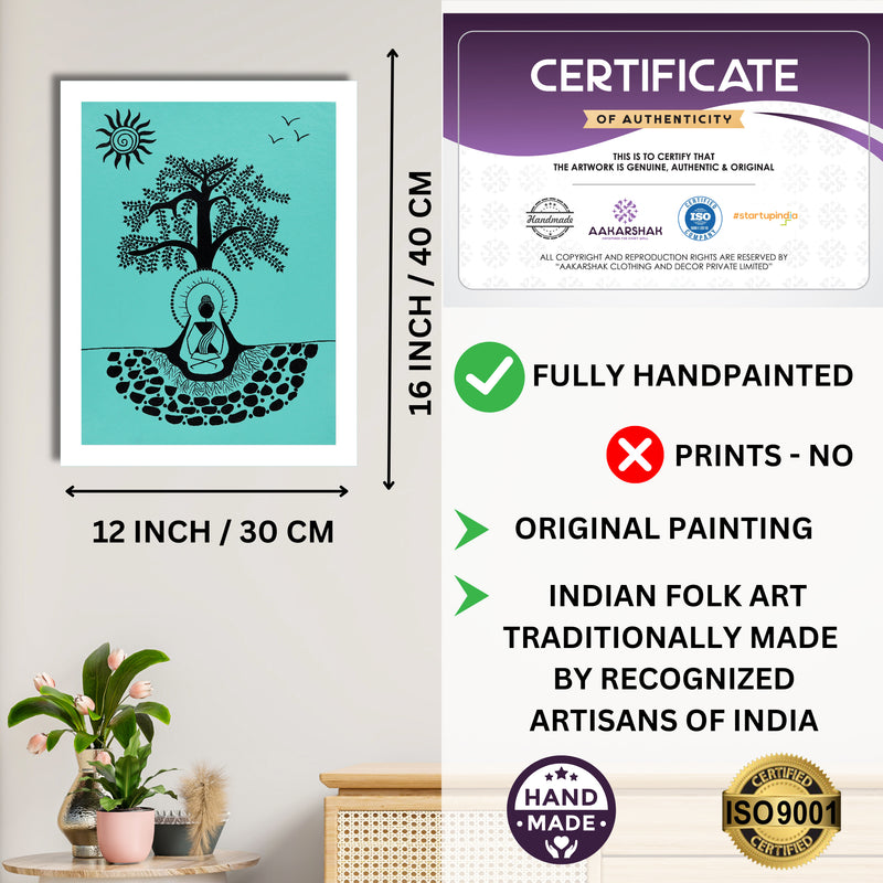 Framed artwork with dimensions, authenticity certificate and handmade iso certified-buddha warli painting