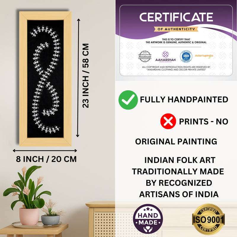 Framed artwork with dimensions, authenticity certificate and handmade iso certified-dancing warli painting