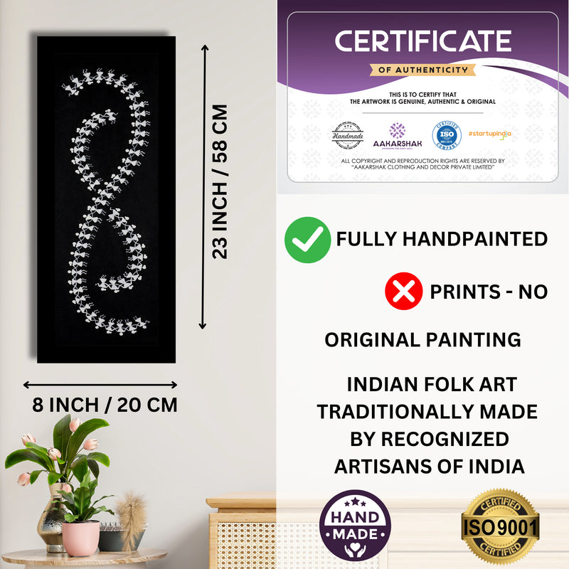Framed artwork with dimensions, authenticity certificate and handmade iso certified-dancing warli painting