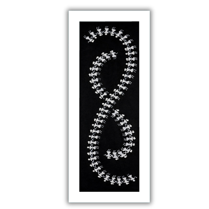 Framed artwork of a colorful dancing-with handmade warli painting