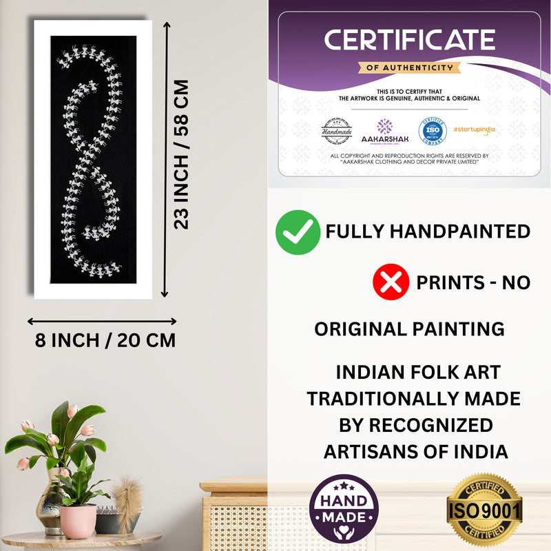 Framed artwork with dimensions, authenticity certificate and handmade iso certified-dancing warli painting