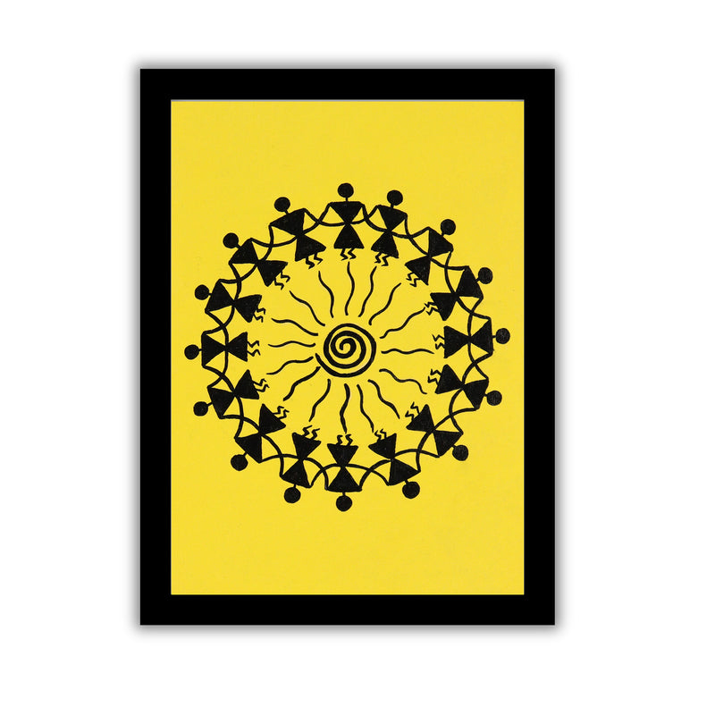 Framed artwork with Handmade black warli dancing painting on a yellow background