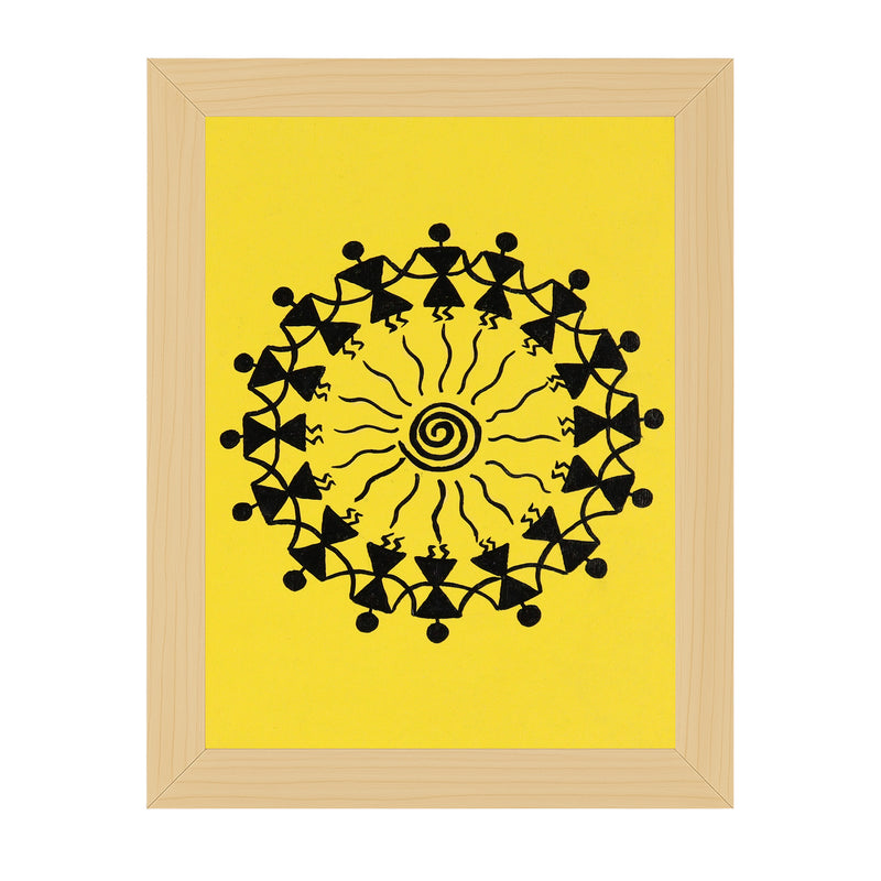 Framed artwork with Handmade black warli dancing painting on a yellow background