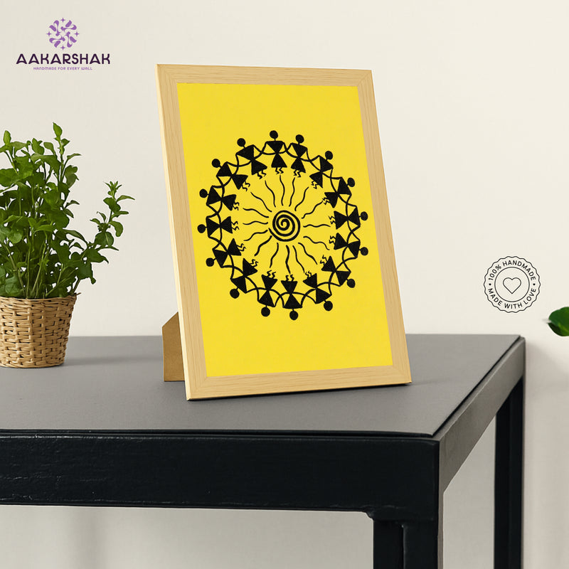 Framed artwork with a yellow background and black design-handmade dancing painting