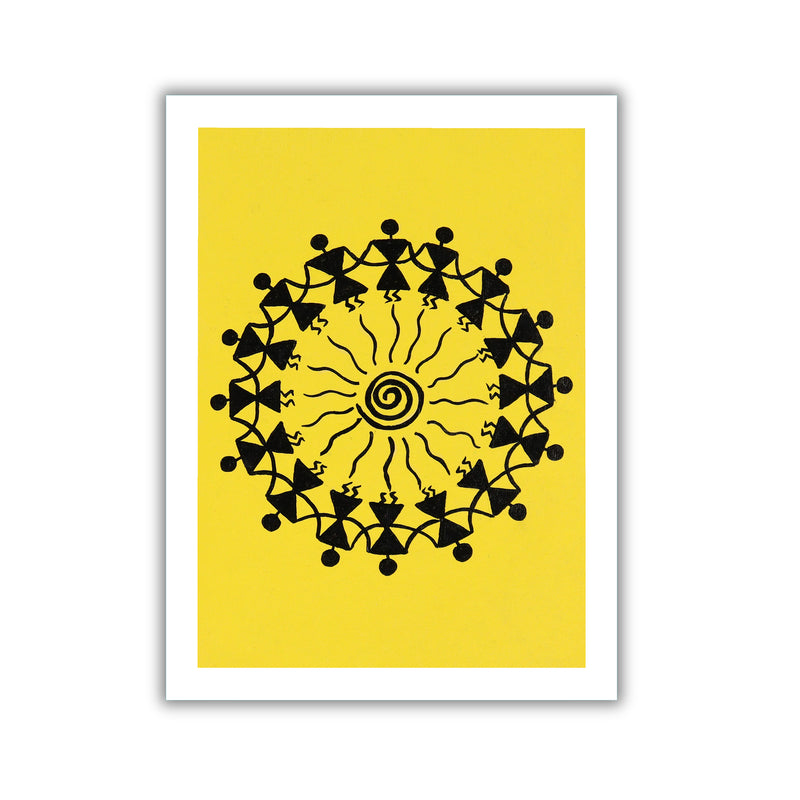 Framed artwork with Handmade black warli dancing painting on a yellow background