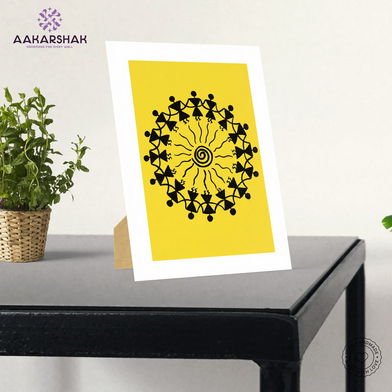 Framed artwork with a yellow background and black design-handmade dancing painting