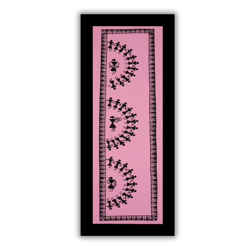 Framed artwork of a colorful dancing -with handmade warli painting
