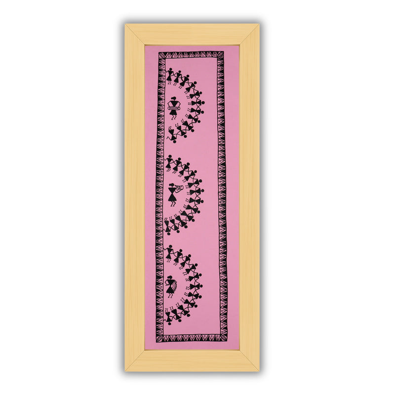 Framed artwork of a colorful dancing -with handmade warli painting