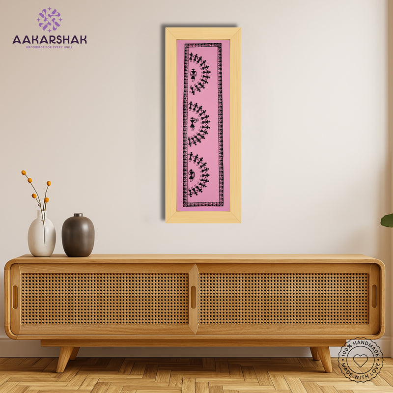 Handmade Warli Dancing Painting 8x23 Inch Framed Tribal Art