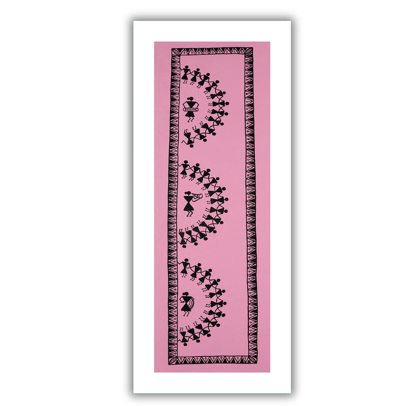 Framed artwork of a colorful dancing -with handmade warli painting