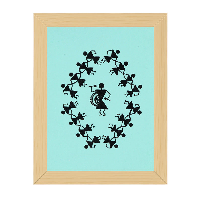 Framed artwork with Handmade black warli dancing painting on a blue background