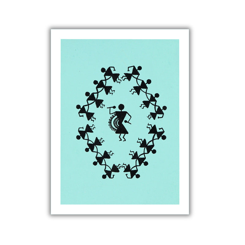 Framed artwork with Handmade black warli dancing painting on a blue background