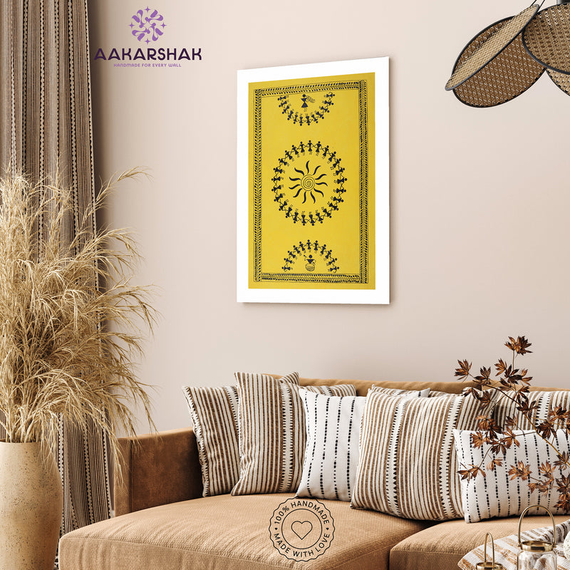 Handmade Warli Dancing Painting 17x24 Inch Framed Tribal Art