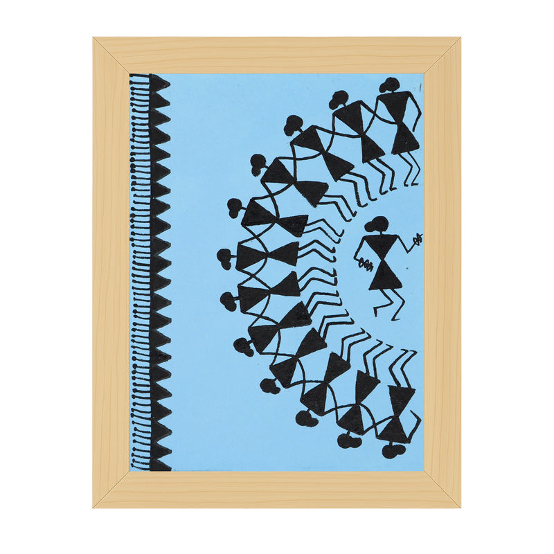 Framed artwork with Handmade black warli dancing painting on a blue background