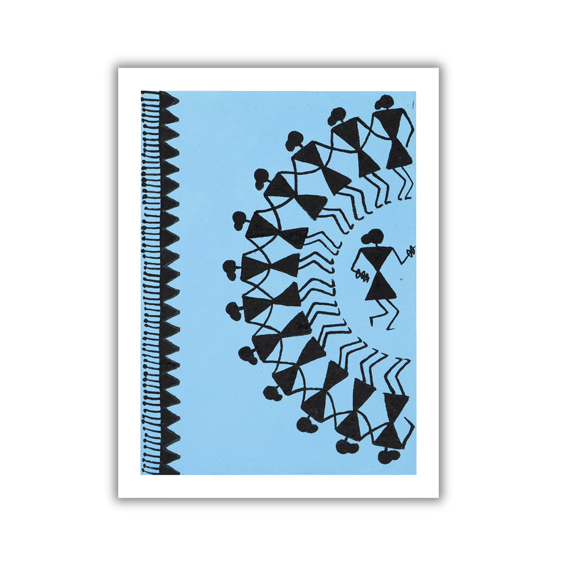 Framed artwork with Handmade black warli dancing painting on a blue background