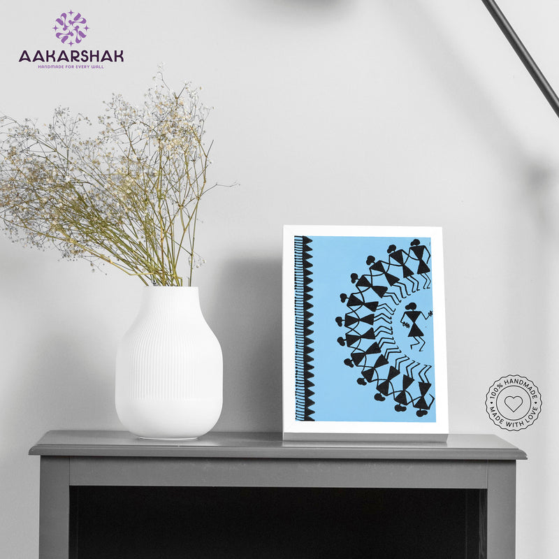 Handmade warli dancing painting-with tabletop stand for home decor