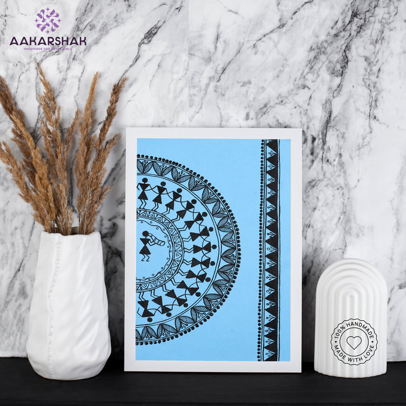 Handmade warli dancing painting-with tabletop stand for home decor