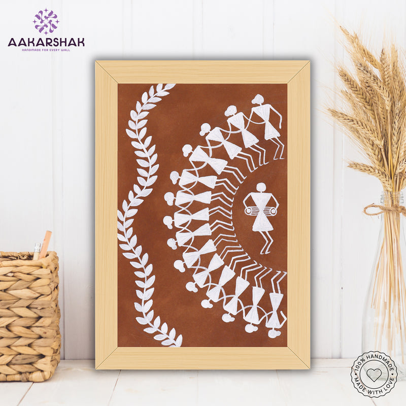 Handmade warli dancing painting-with tabletop stand for home decor
