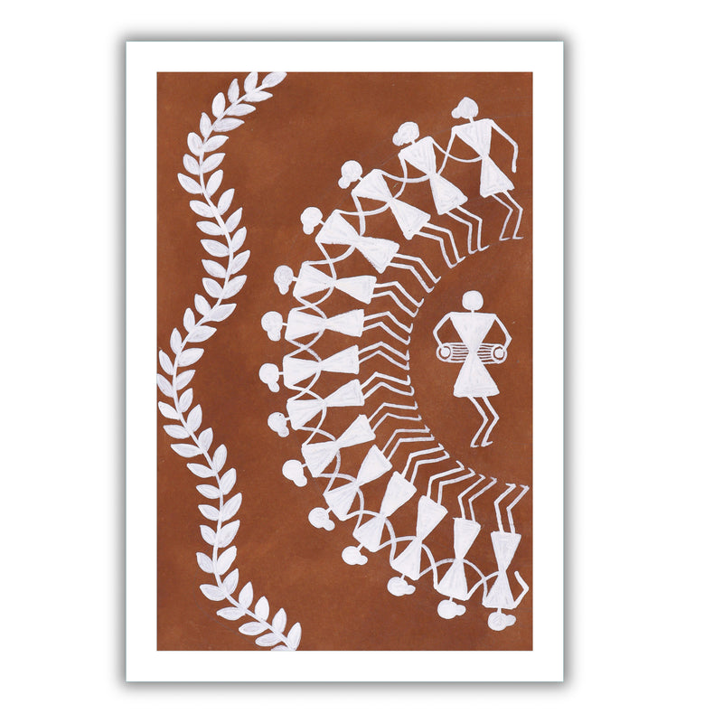 Framed artwork with Handmade white warli dancing painting on orange background