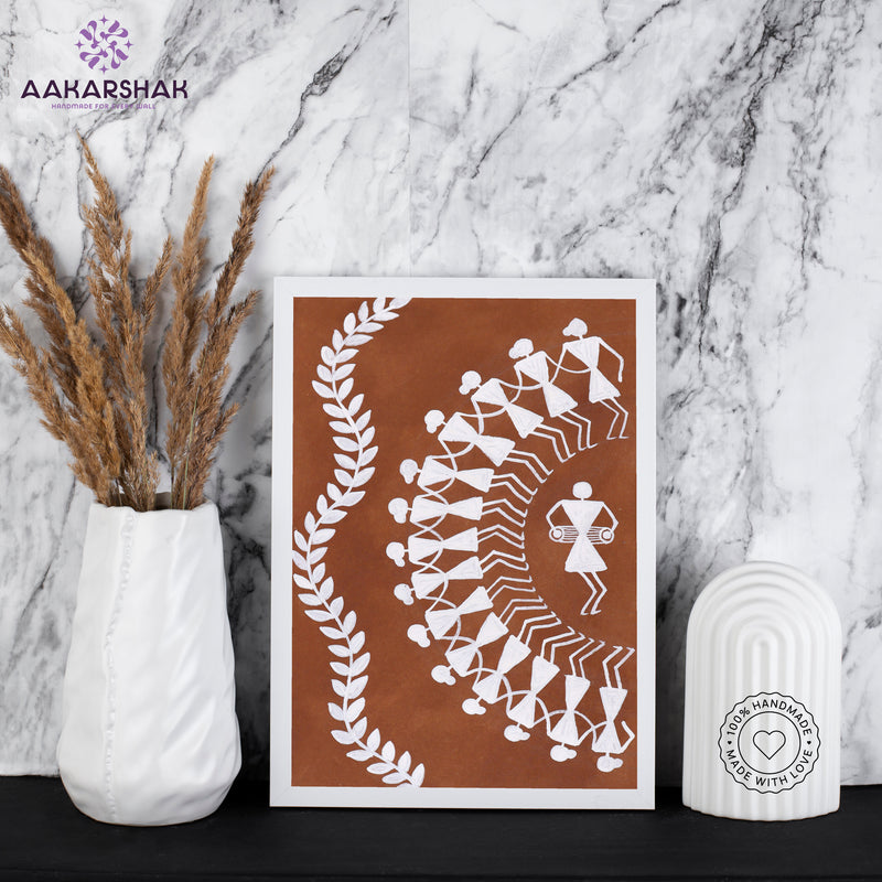 Handmade warli dancing painting-with tabletop stand for home decor