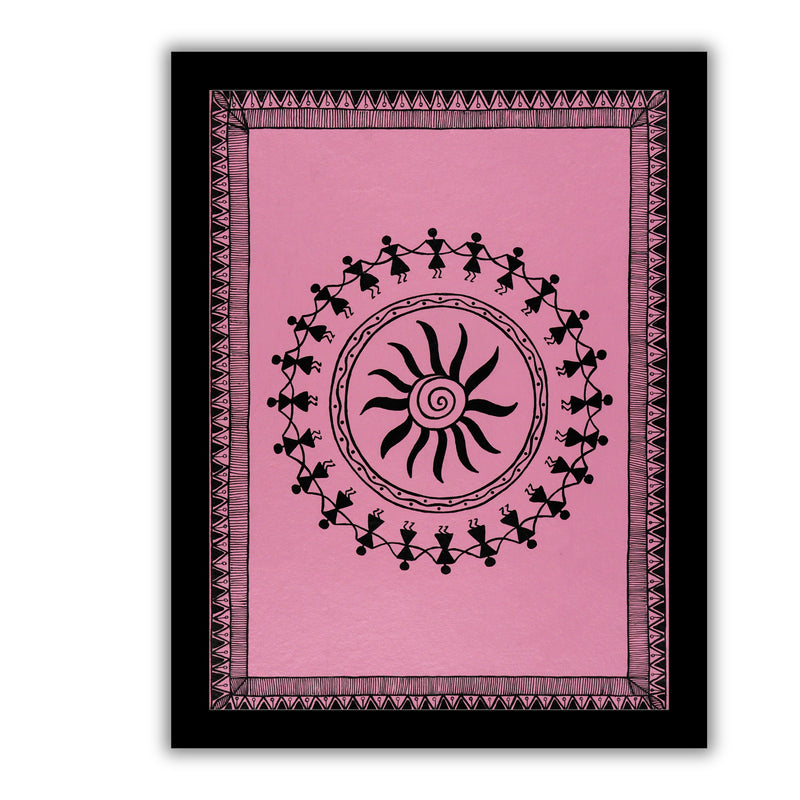black dancing design on a pink background with handmade warli painting