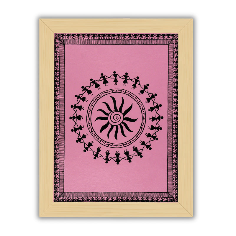 black dancing design on a pink background with handmade warli painting