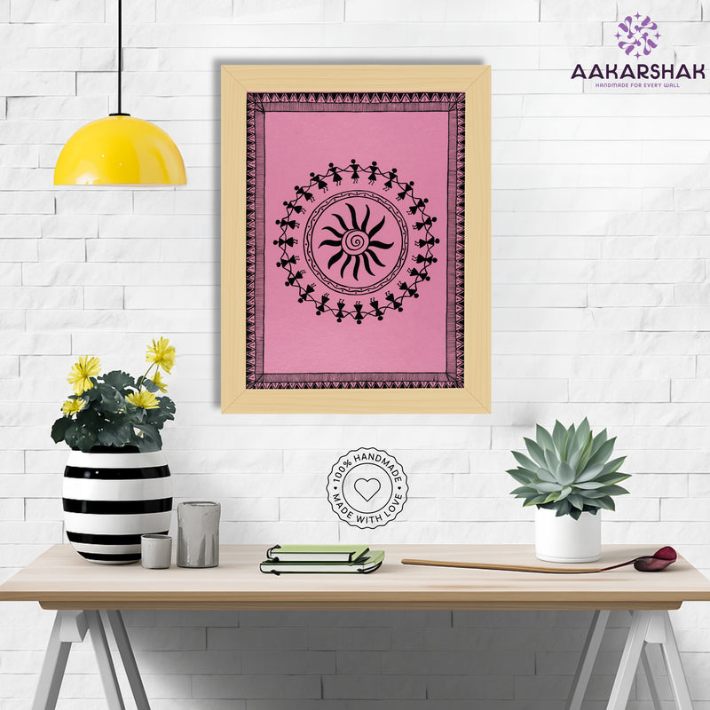 Framed artwork with white dancing design on a blue background-handmade warli painting for home
