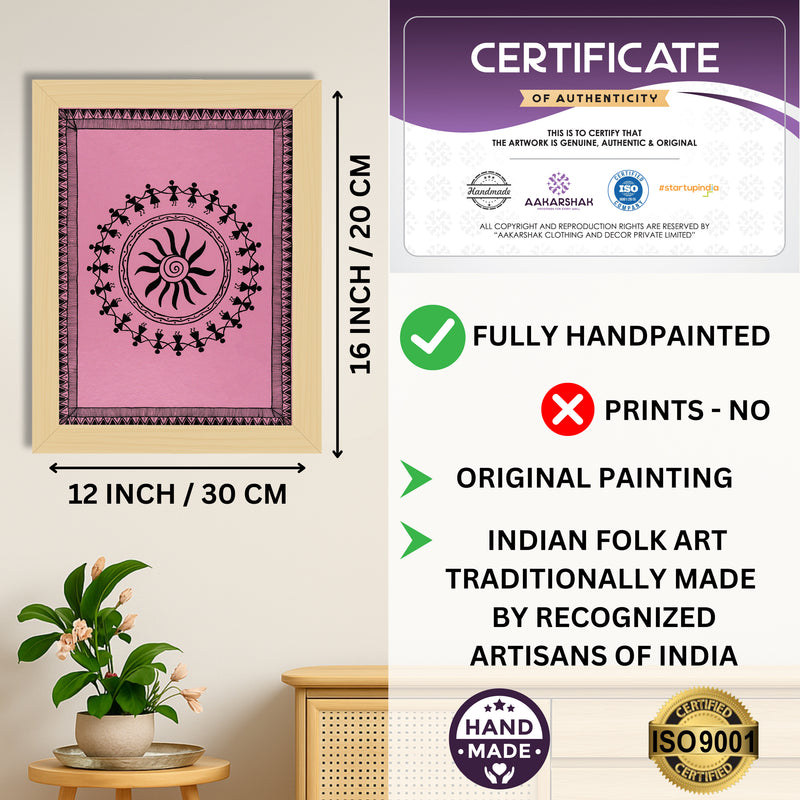 Framed artwork with dimensions, authenticity certificate and handmade iso certified-dancing warli painting