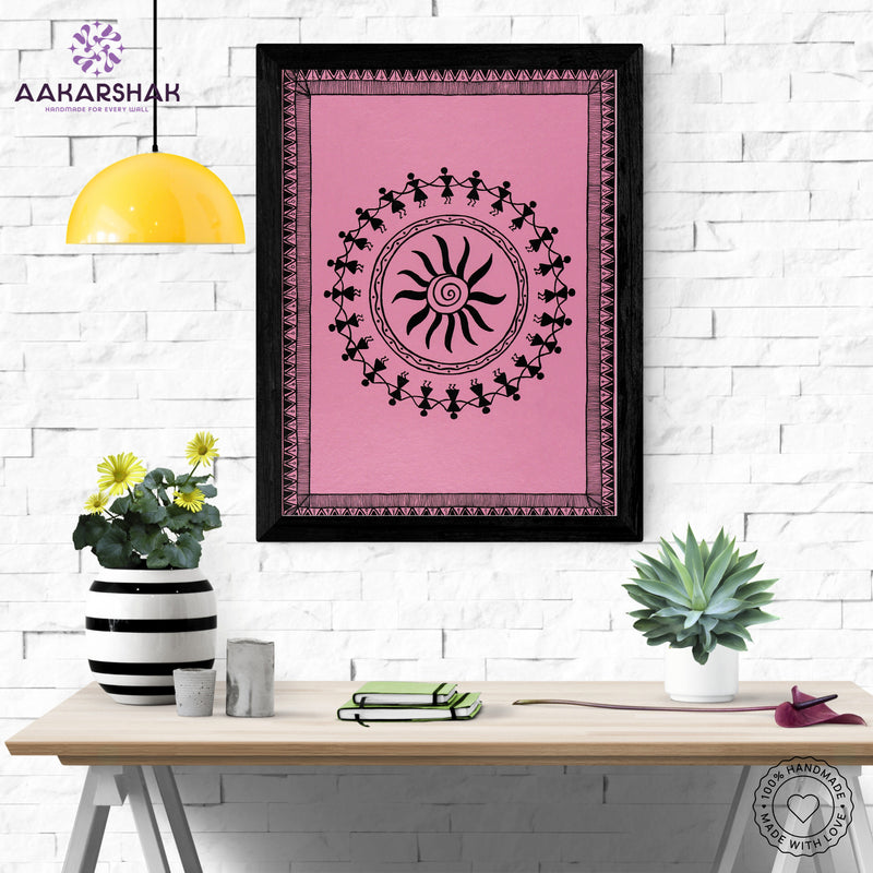 Framed artwork with white dancing design on a blue background-handmade warli painting for home
