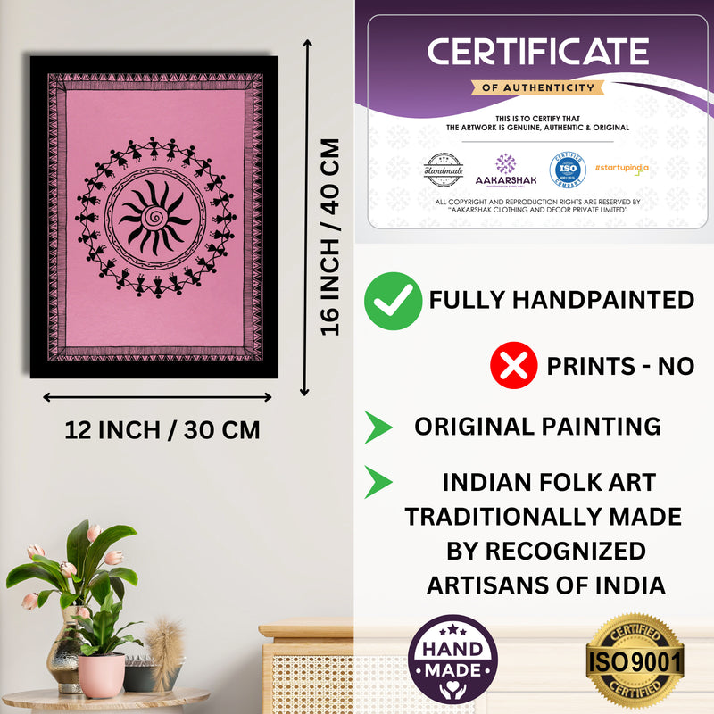Framed artwork with dimensions, authenticity certificate and handmade iso certified-dancing warli painting