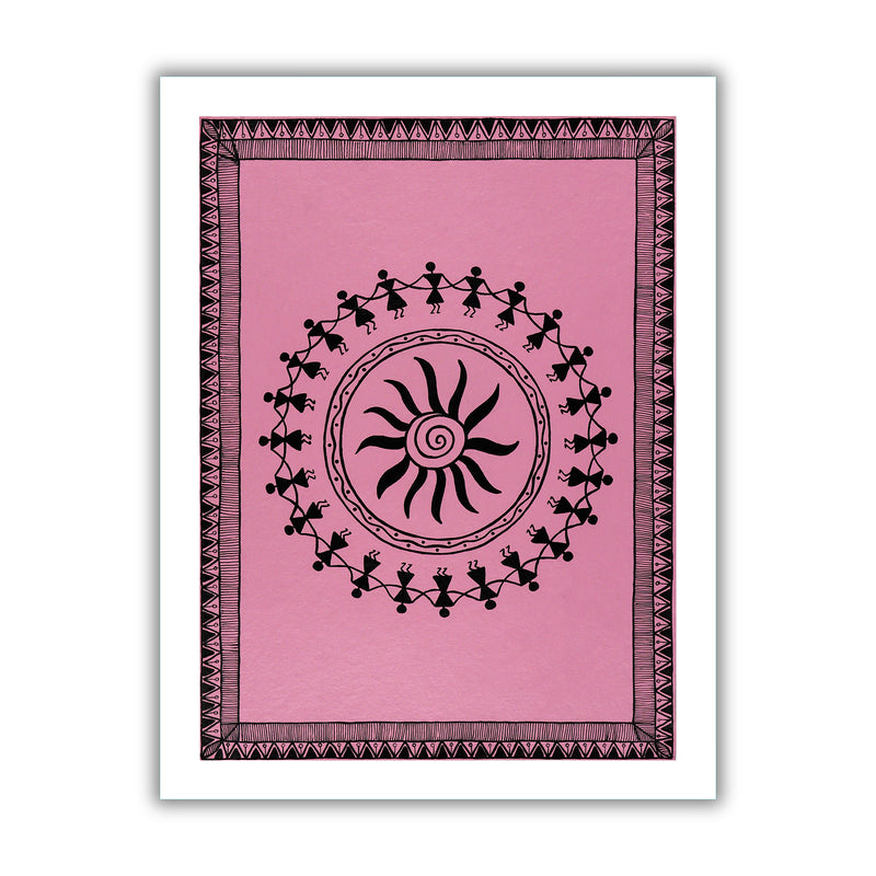 black dancing design on a pink background with handmade warli painting