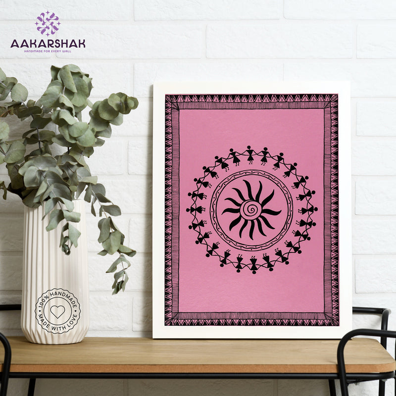 Framed artwork with white dancing design on a blue background-handmade warli painting for home