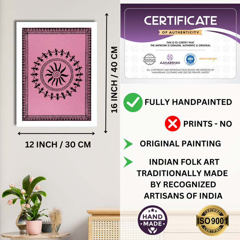 Framed artwork with dimensions, authenticity certificate and handmade iso certified-dancing warli painting