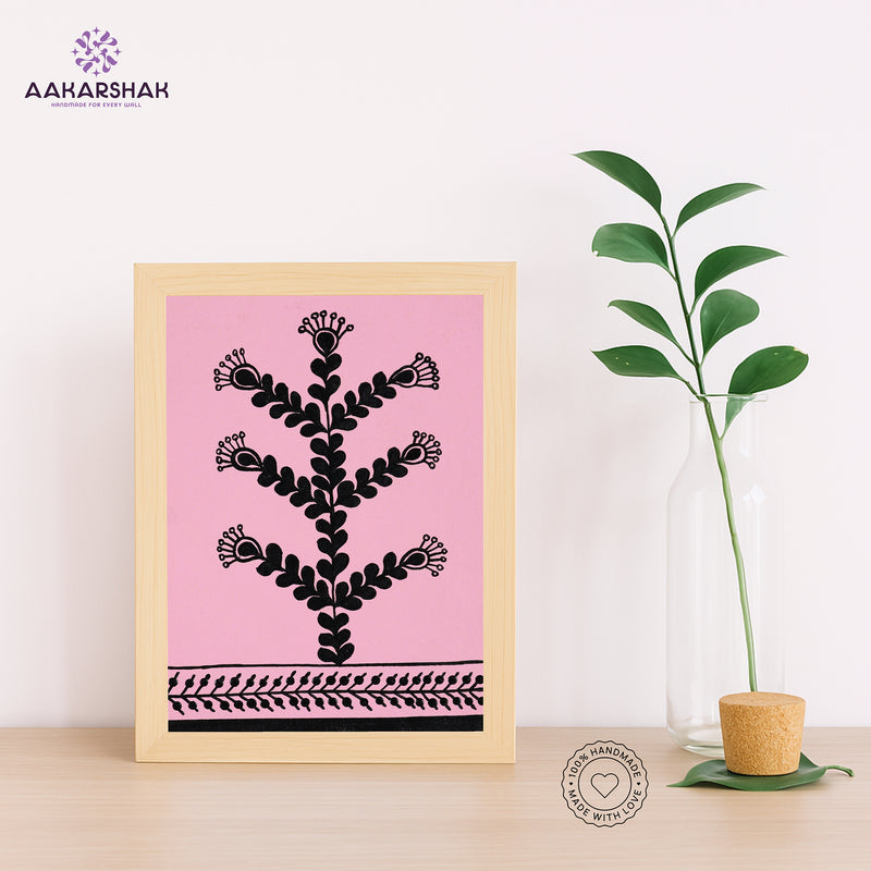 Handmade warli flower painting-with tabletop stand for home decor