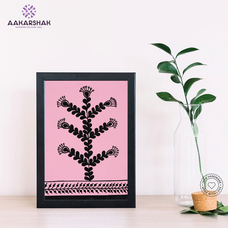 Handmade warli flower painting-with tabletop stand for home decor