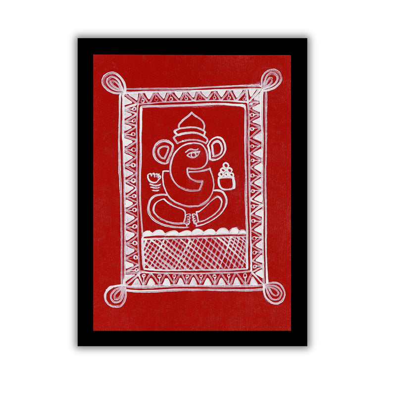 Framed ganesh artwork with a white design of a deity on a red background