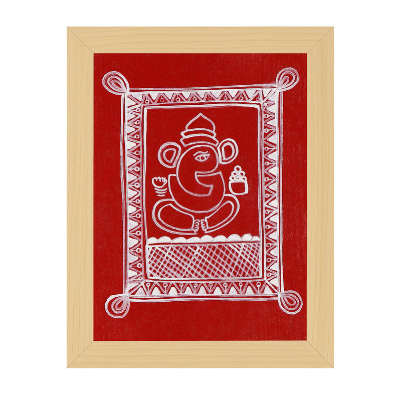 Framed ganesh artwork with a white design of a seated figure on a red background