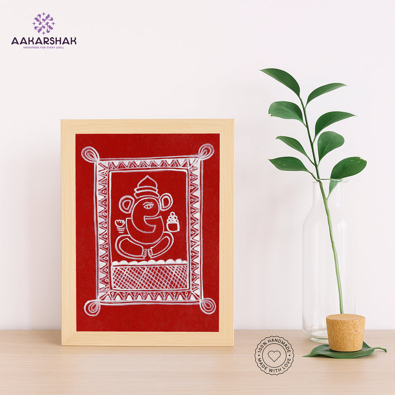 Framed artwork with red background and white ganesh design-with tabletop stand for home decor