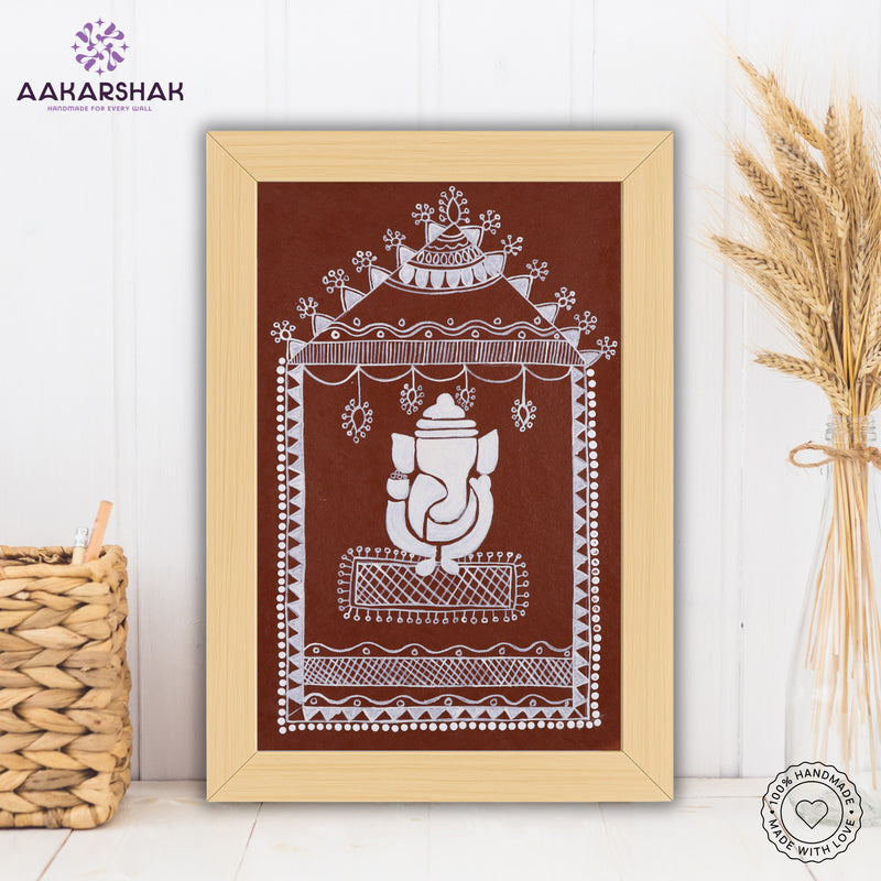 Framed artwork with white ganesh warli painting on a brown background-with tabletop stand for home decor