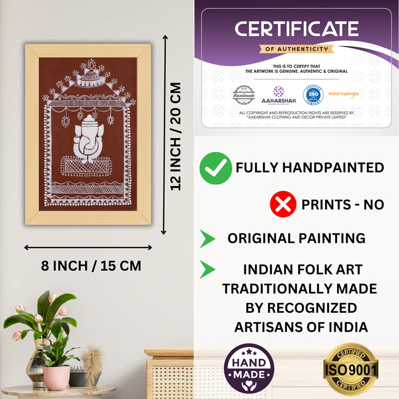 Framed artwork with dimensions, authenticity certificate-handmade iso certified-ganesh warli painting