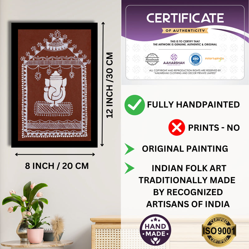 Framed artwork with dimensions, authenticity certificate-handmade iso certified-ganesh warli painting