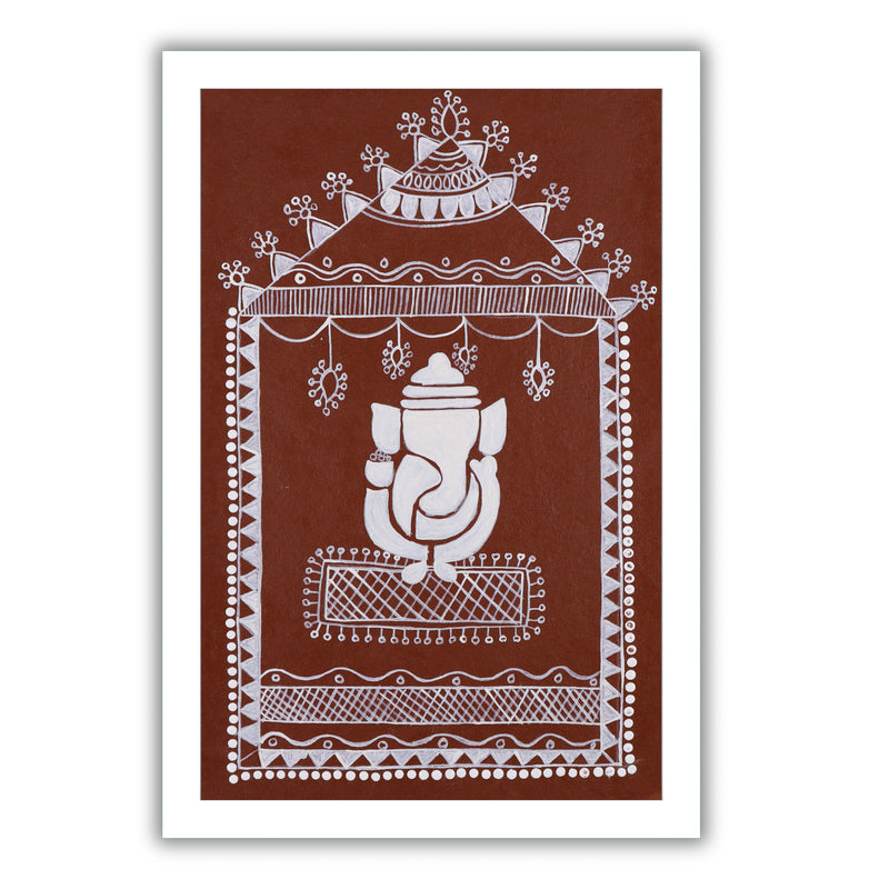 Decorative handmade with white Ganesh warli painting on a brown background