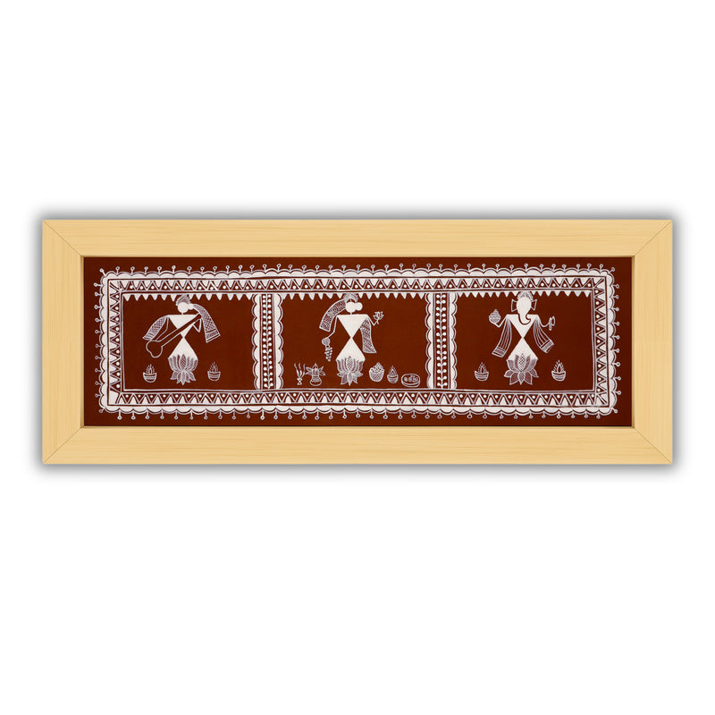 Framed artwork of a colorful ganesh-laxmi-saraswati-with handmade warli painting