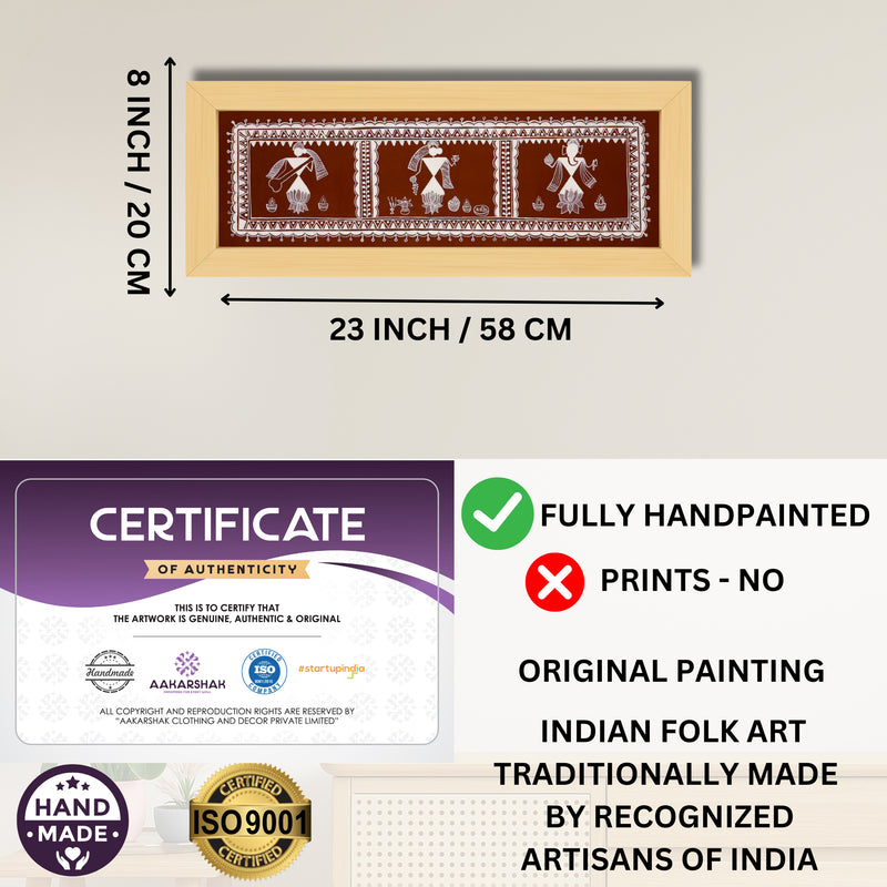 Framed artwork with dimensions, authenticity certificate and handmade iso certified-ganesh-laxmi-saraswati warli painting