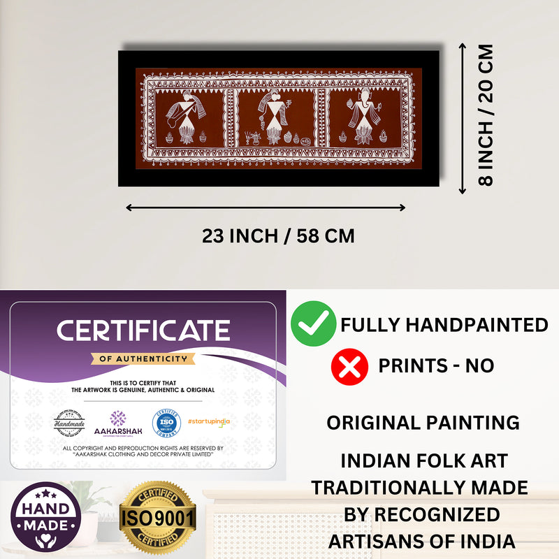 Framed artwork with dimensions, authenticity certificate and handmade iso certified-ganesh-laxmi-saraswati warli painting