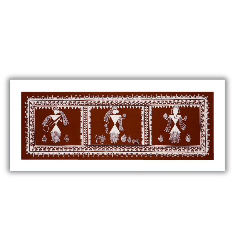Framed artwork of a colorful ganesh-laxmi-saraswati-with handmade warli painting
