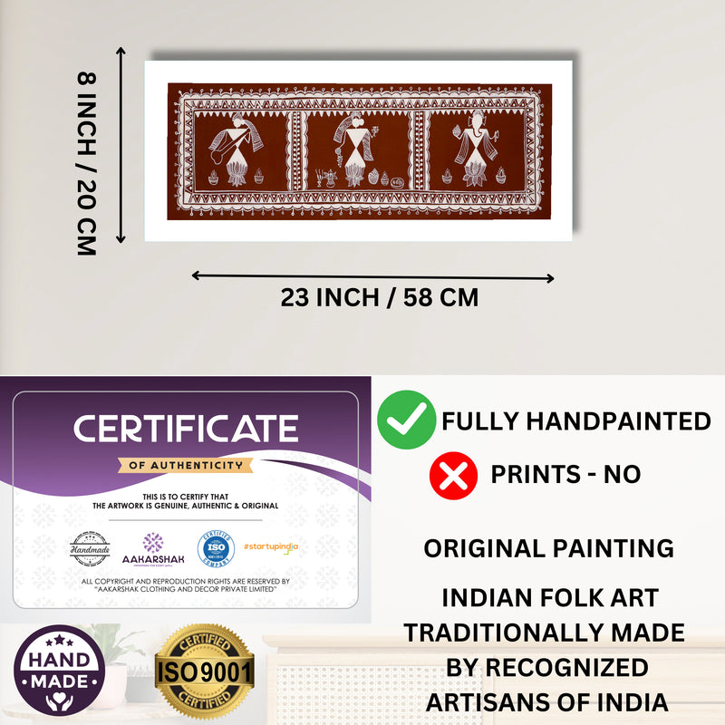 Framed artwork with dimensions, authenticity certificate and handmade iso certified-ganesh-laxmi-saraswati warli painting