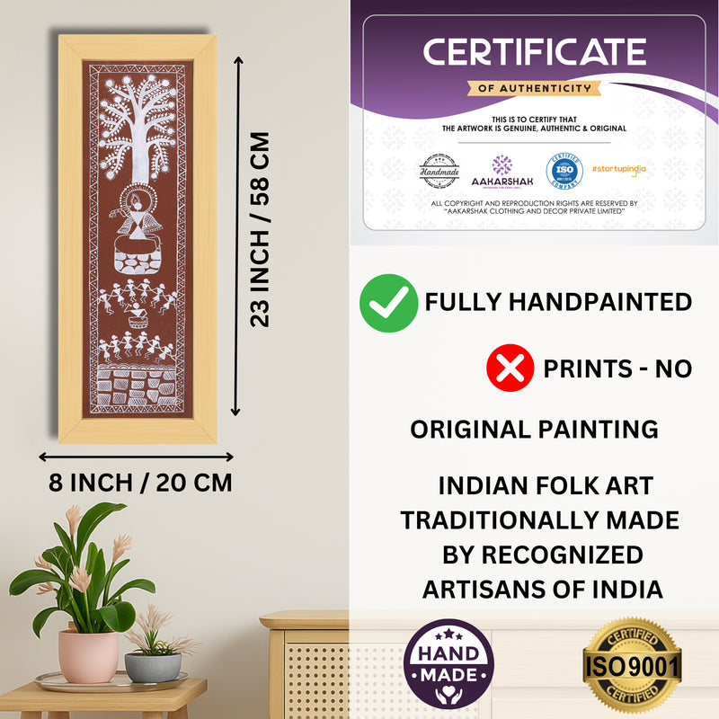 Framed artwork with dimensions, authenticity certificate and handmade iso certified-krishna warli painting